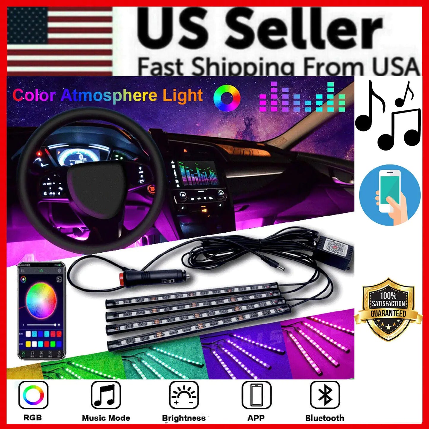 4X 48LED RGB Car Interior Atmosphere Light Strip Bar